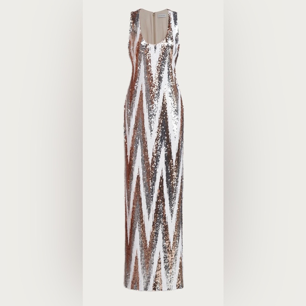 HALSTON Eleanor Gown Sleeveless Sequin Chevron Silver size 4 NWT/ no offers